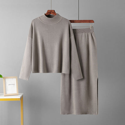 Women’s Two-Piece Set – Ribbed Knit – Mock Neck Sweater – Slim Fit High-Waist Skirt