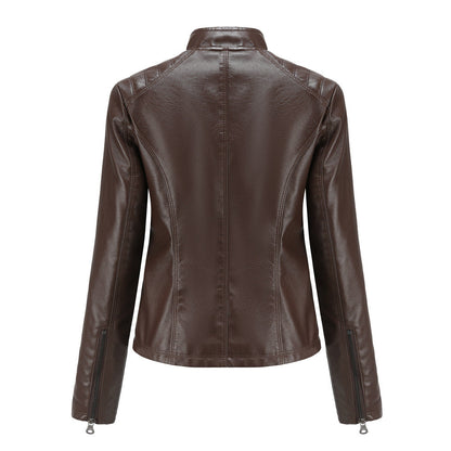 Women's casual faux leather stand-up collar jacket