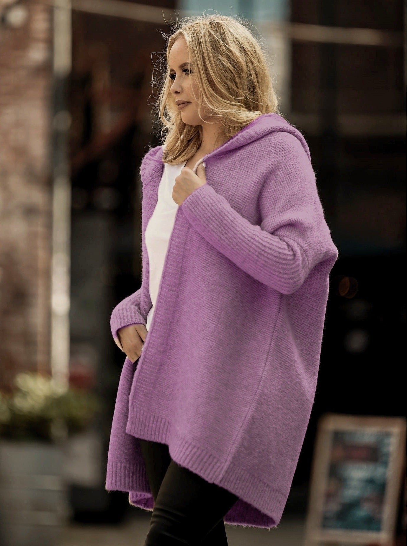 Women’s Knit Cardigan – Oversized Fit – Wool Blend – Hooded Open Front – Wide Sleeves