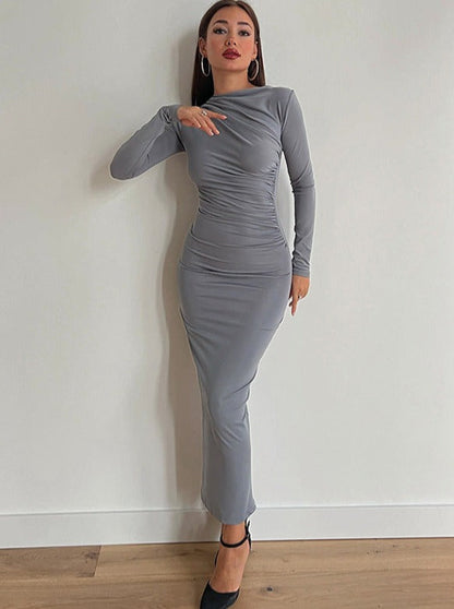 Women’s Maxi Dress - Bodycon Fit - Long Sleeve - High Neck - Elegant Ruched Design