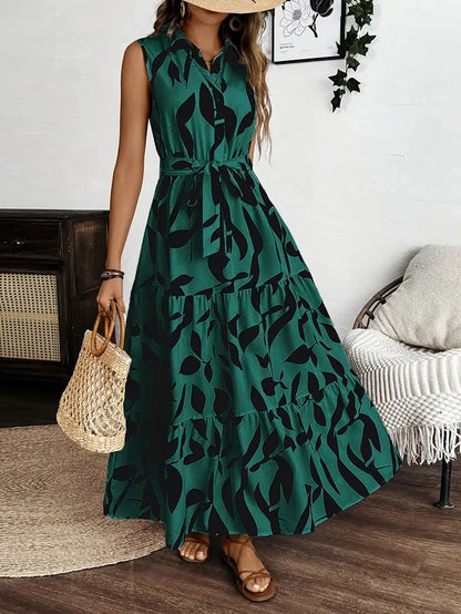 Women’s Long Dress – Fit and Flare – Sleeveless Collared – Leaf Print – Ruffle Hem