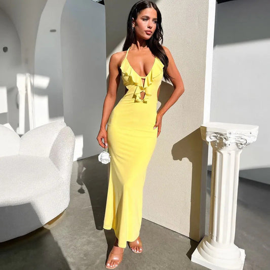 Slim Ruffle Neckline Stretch Maxi Dress