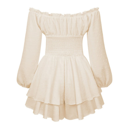Women's Off-Shoulder Shirred Dress - Long Sleeves - Flowing Ruffle Hem