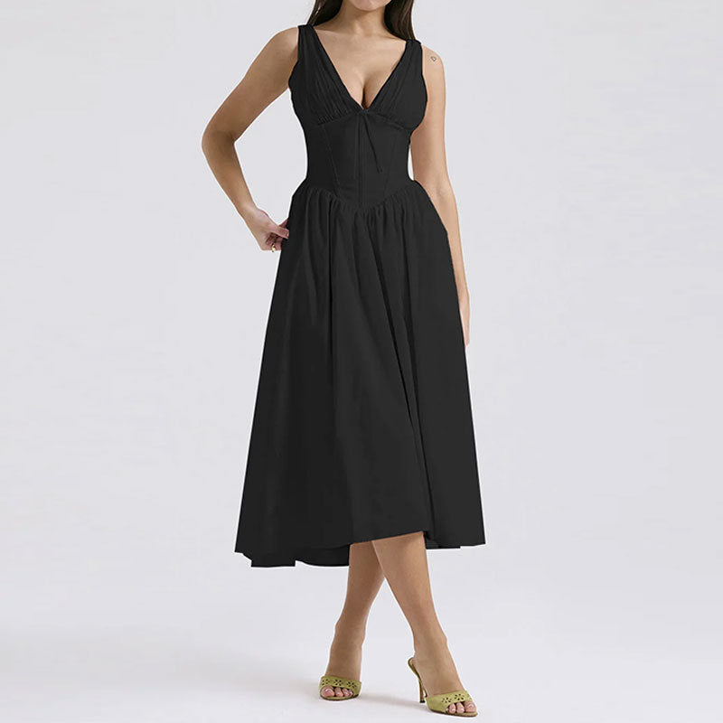 Women’s Midi Dress – V-Neck A-Line – Spaghetti Straps – Floral Print – Cotton Blend
