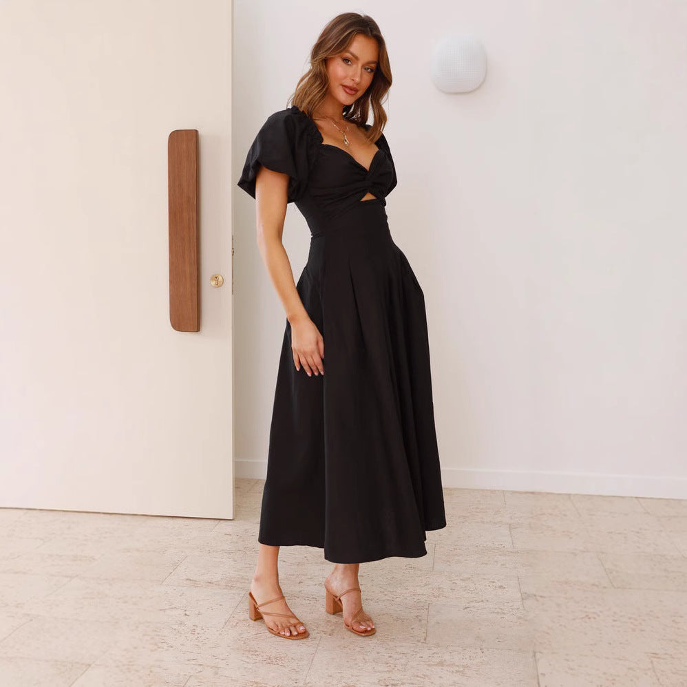 Women’s Midi Dress – Fit and Flare – Puff Sleeve – V-Neck – Lightweight Cut-Out Design