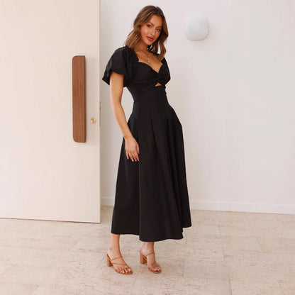 Women’s Midi Dress – Fit and Flare – Puff Sleeve – V-Neck – Lightweight Cut-Out Design