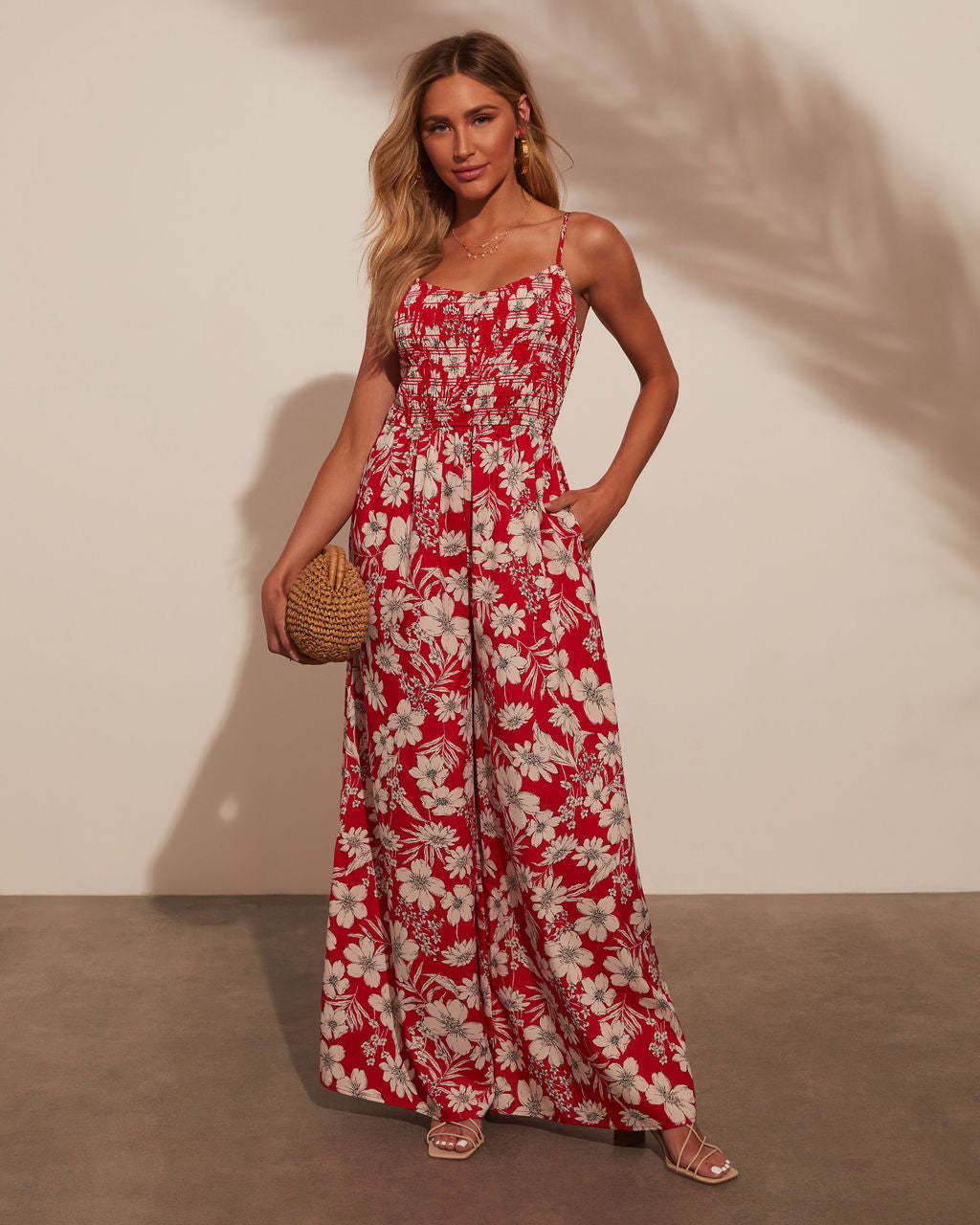 Women’s Jumpsuit – Floral Print – Smocked Bodice – Wide Leg – Spaghetti Straps