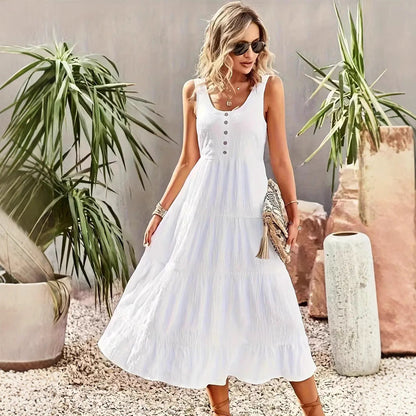 Women’s Maxi Dress – Sleeveless A-Line – U-Neck – Tiered Skirt – Button Front – Cotton Blend