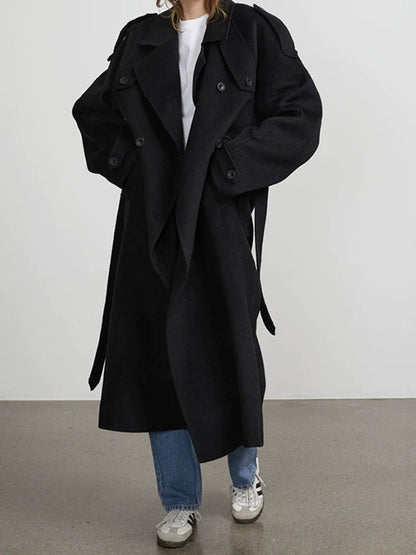 Women’s Long Coat – Wool Blend – Oversized Fit – Double-Breasted – Belted Trench