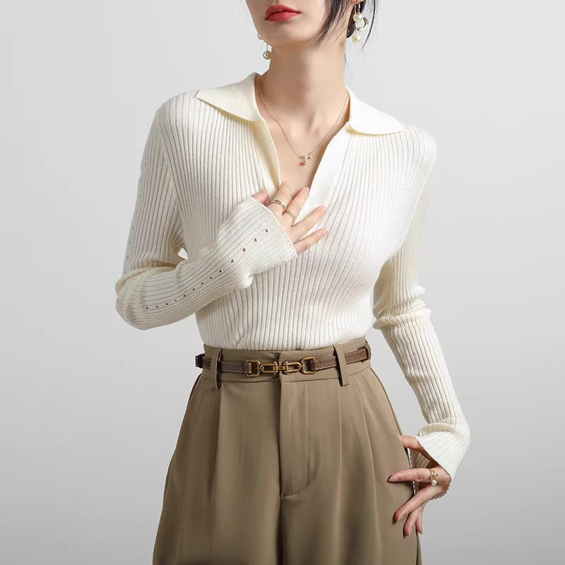 Elegant Ribbed V-Neck Collared Sweater