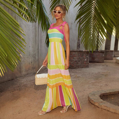 Women’s Maxi Dress – Flowy Fit – Square Neck – Tie Straps – Tiered Skirt – Breathable Fabric
