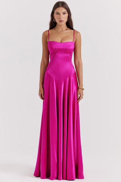 Women’s Midi Dress – Silky Fabric – Slim Fit Bodice – Spaghetti Straps – Flowing Skirt