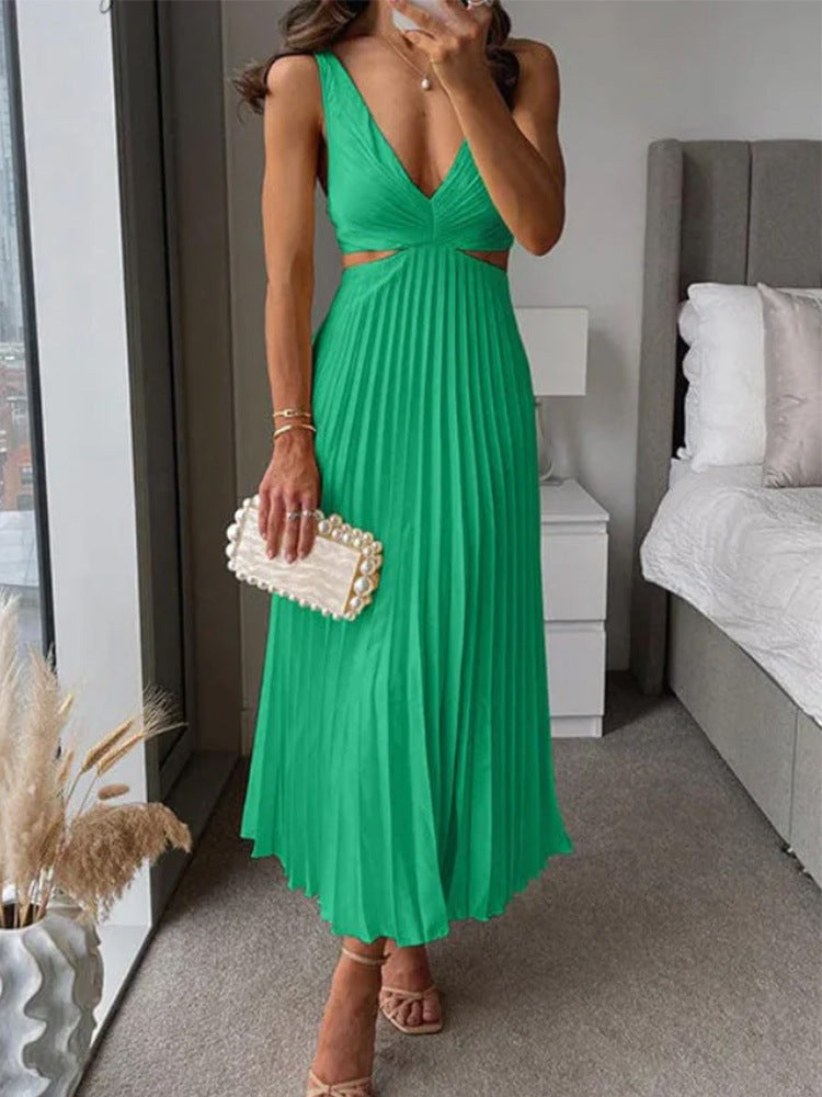 Women’s Maxi Dress – Chiffon Feel – Plunging V-Neck – Pleated Skirt – Cut-Out Details