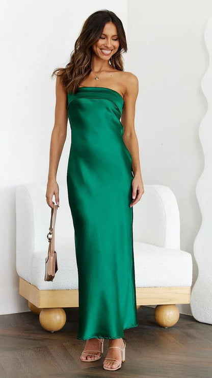 Women’s Strapless Maxi Dress – Satin Floral Print – Fitted Formal Evening Gown