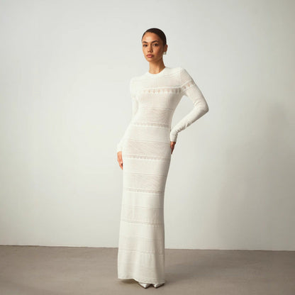 Women’s Maxi Dress – Slim Fit – Ribbed Knit – Long Sleeve – Crew Neck – Elegant Style