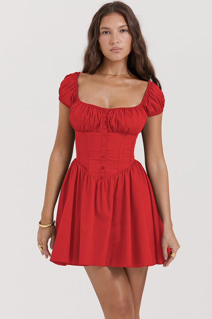 Women’s Mini Dress – Slim Fit – Puff Sleeve – Square Neck – Button Front