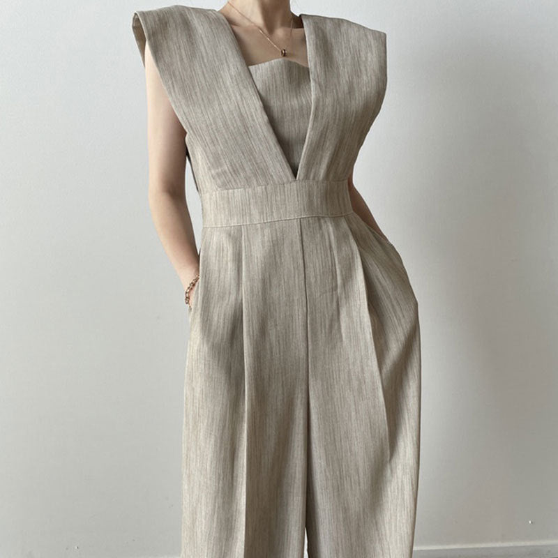 Women’s Sleeveless Jumpsuit – Square Neck – High Waist – Wide Leg – Full Length Fit