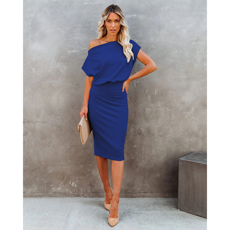 Women's Knit Midi Dress - Off-Shoulder Ribbed Slim Fit - Short Sleeve Elegant Wear