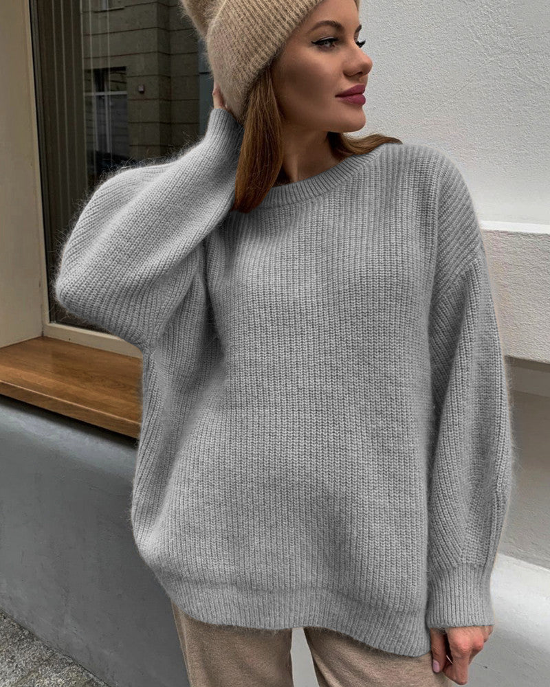 Women’s Oversized Sweater – Soft Knit – Ribbed Texture – Crew Neck – Long Sleeve