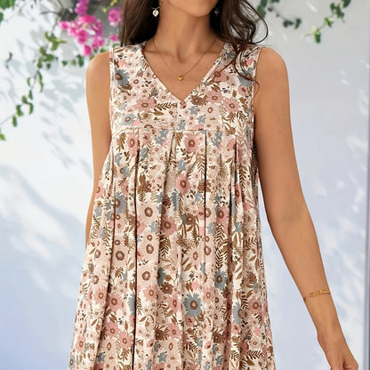Women's Sleeveless V-Neck - Floral Print Dress