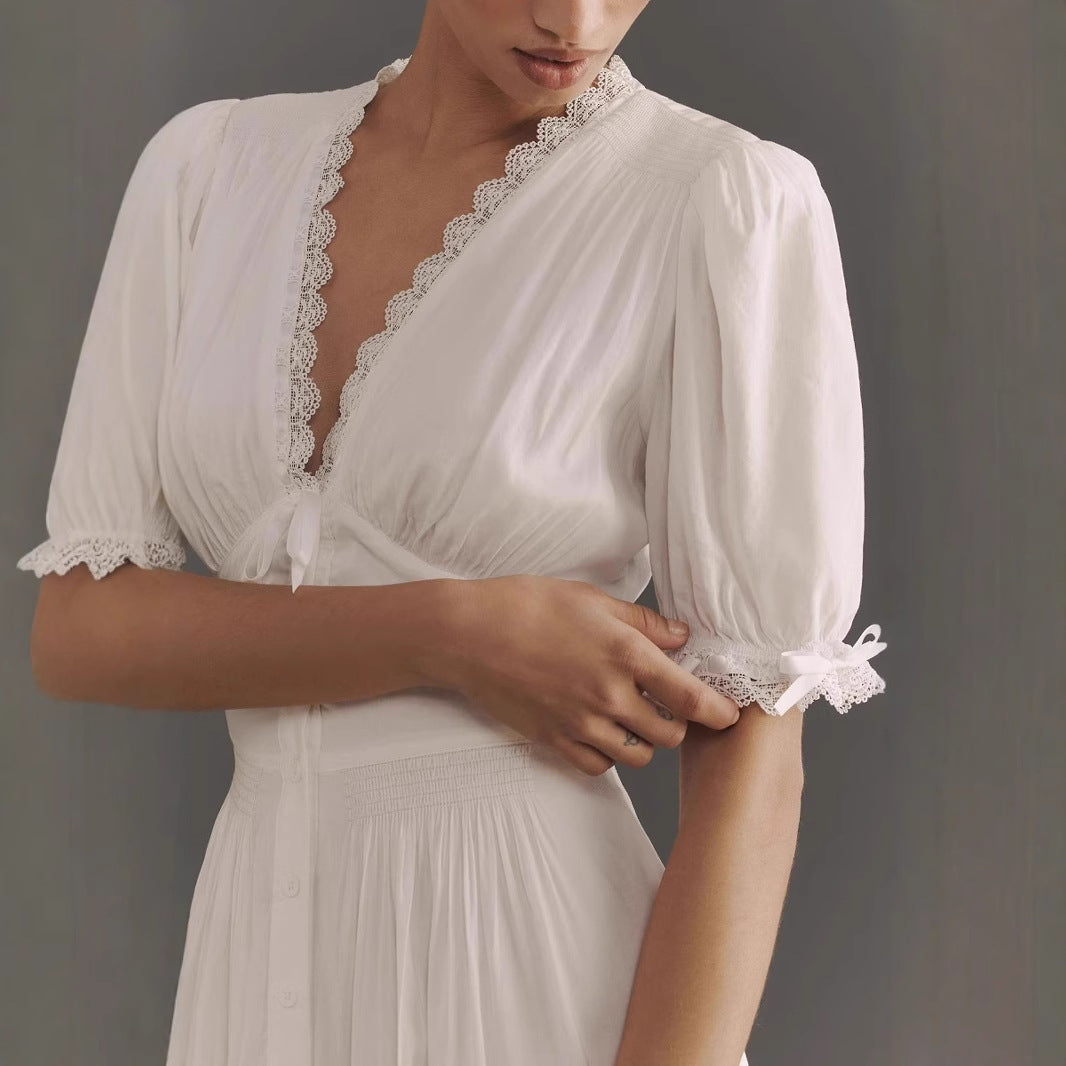 Women’s Midi Dress – Cotton Blend – Puff Sleeve – Lace V-Neck – A-Line Fit