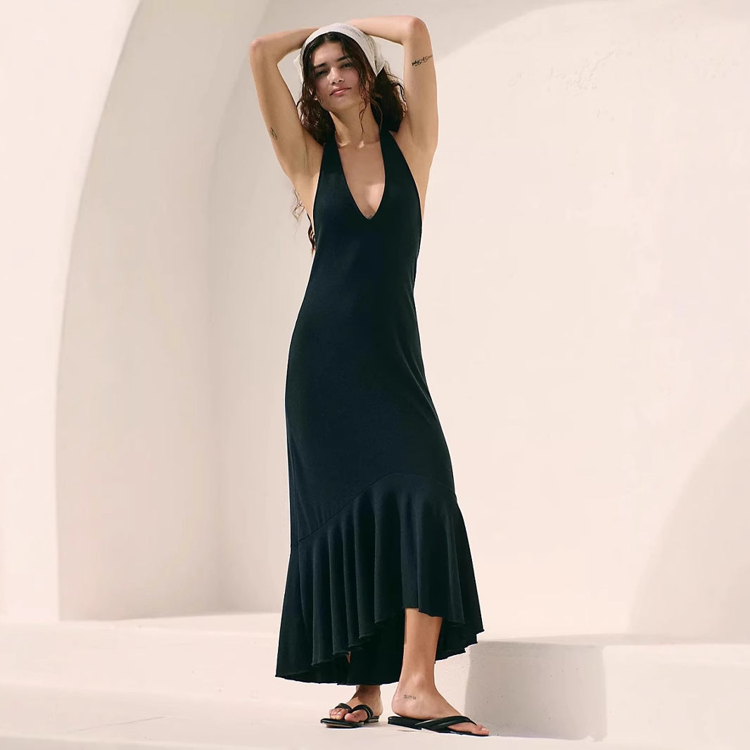 Flowy Lightweight Pleated Halter Maxi Dress