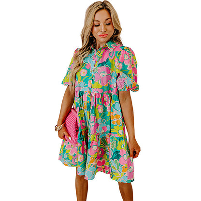 Women's Shirt Dress - Floral Print - Puff Sleeve - Button Down - A-Line Mini Fit
