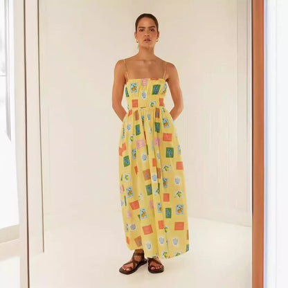 Women’s Maxi Dress – Lightweight Cotton Blend – Ruched Bodice – Spaghetti Straps