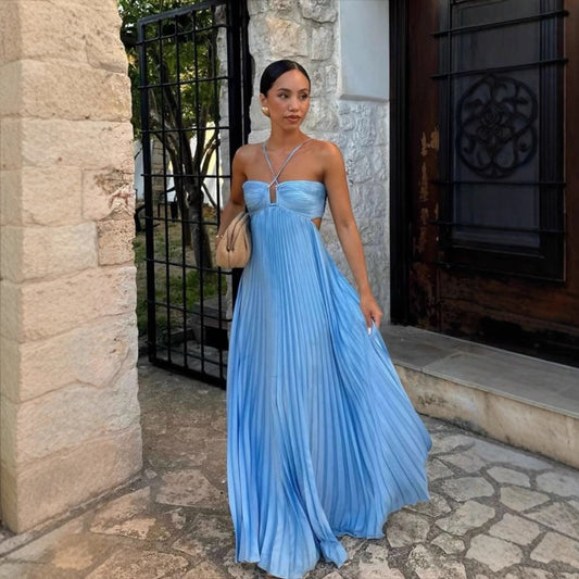 Pleated Chiffon Strappy Bustier Maxi Dress