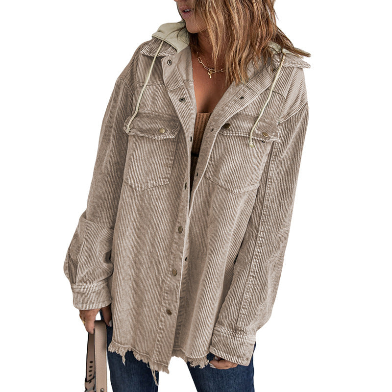 Women’s Hooded Jacket – Corduroy – Oversized Fit – Button Front – Frayed Hem Casual