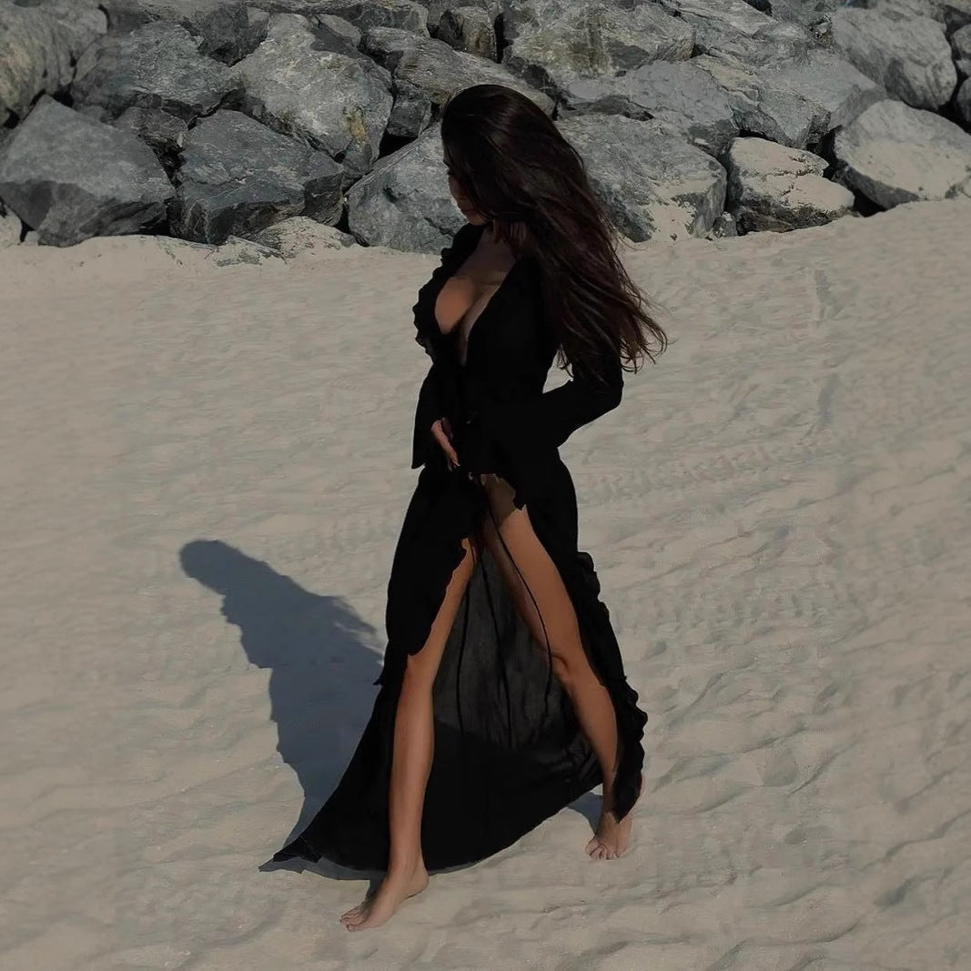 Sheer Ruffled Trim Open Front Cover-Up Dress