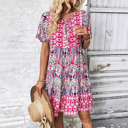 Women’s V-Neck Dress – A-Line Loose Fit – Short Sleeve – Tiered Hem – Cotton Print