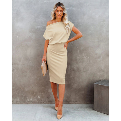 Women's Knit Midi Dress - Off-Shoulder Ribbed Slim Fit - Short Sleeve Elegant Wear