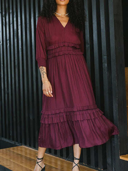 Women’s Midi Dress – Cotton Blend – V-Neck – Tiered Ruffle – Long Sleeve – Relaxed Fit