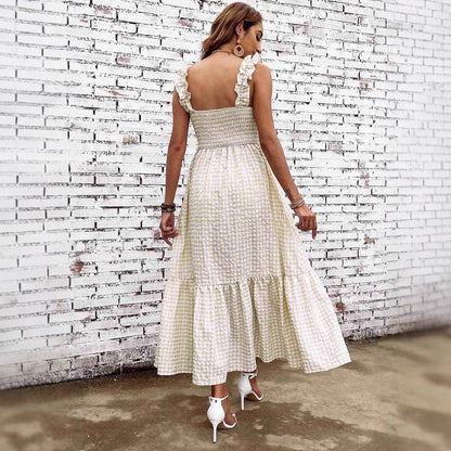 Women’s A-Line Maxi Dress – Smocked Bodice – Tiered Skirt – Spaghetti Straps – Checkered Pattern