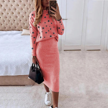 Women’s Two-Piece Set – Knit High Neck Top with Stars – Slim Fit Midi Skirt