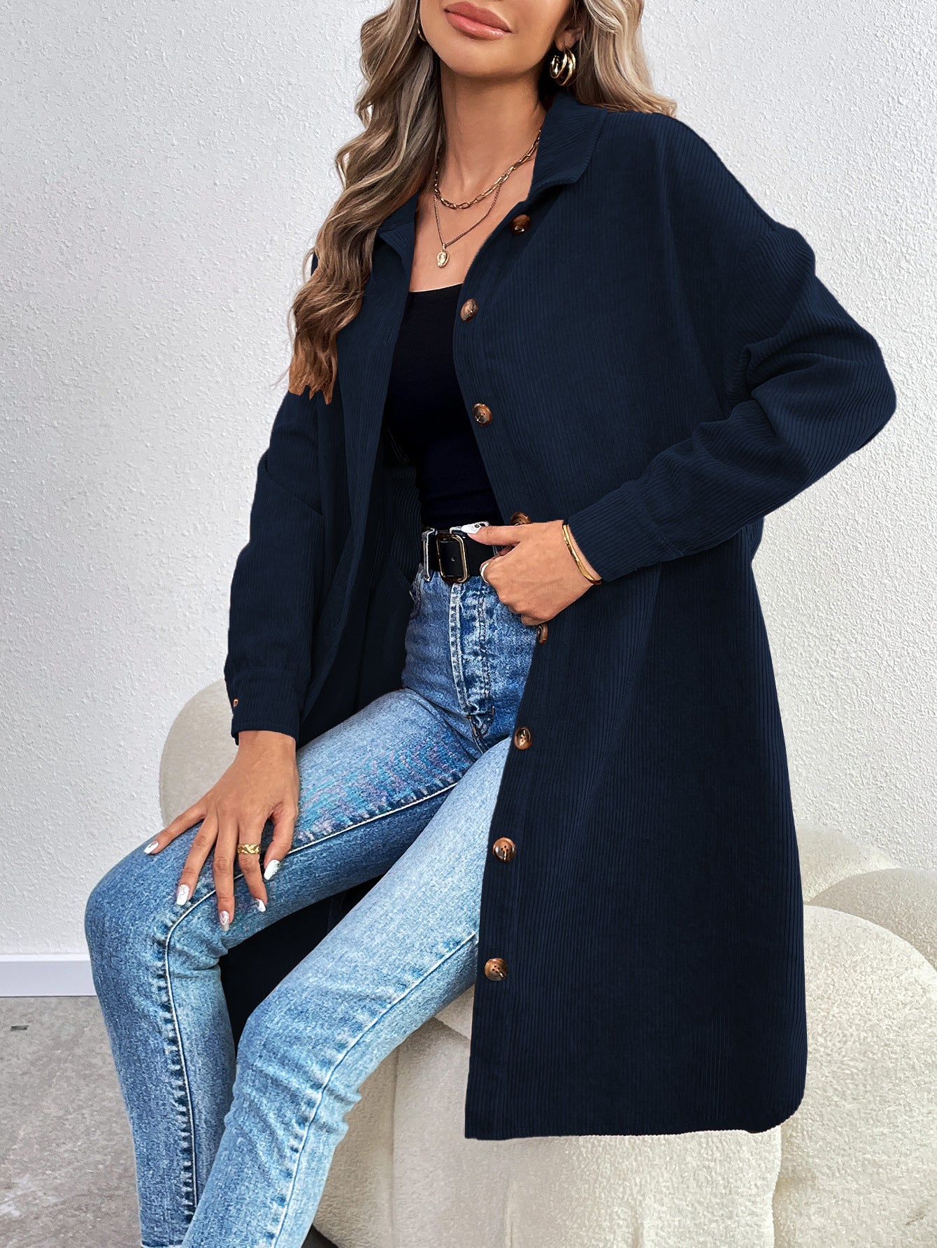 Women's casual button down knee length jacket with pockets