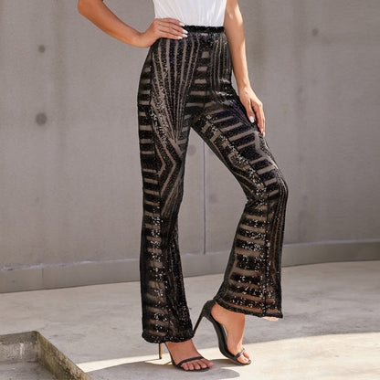 Women’s Pants – High Waist – Sequin Geometric Detail – Wide Leg – Full Length Fit