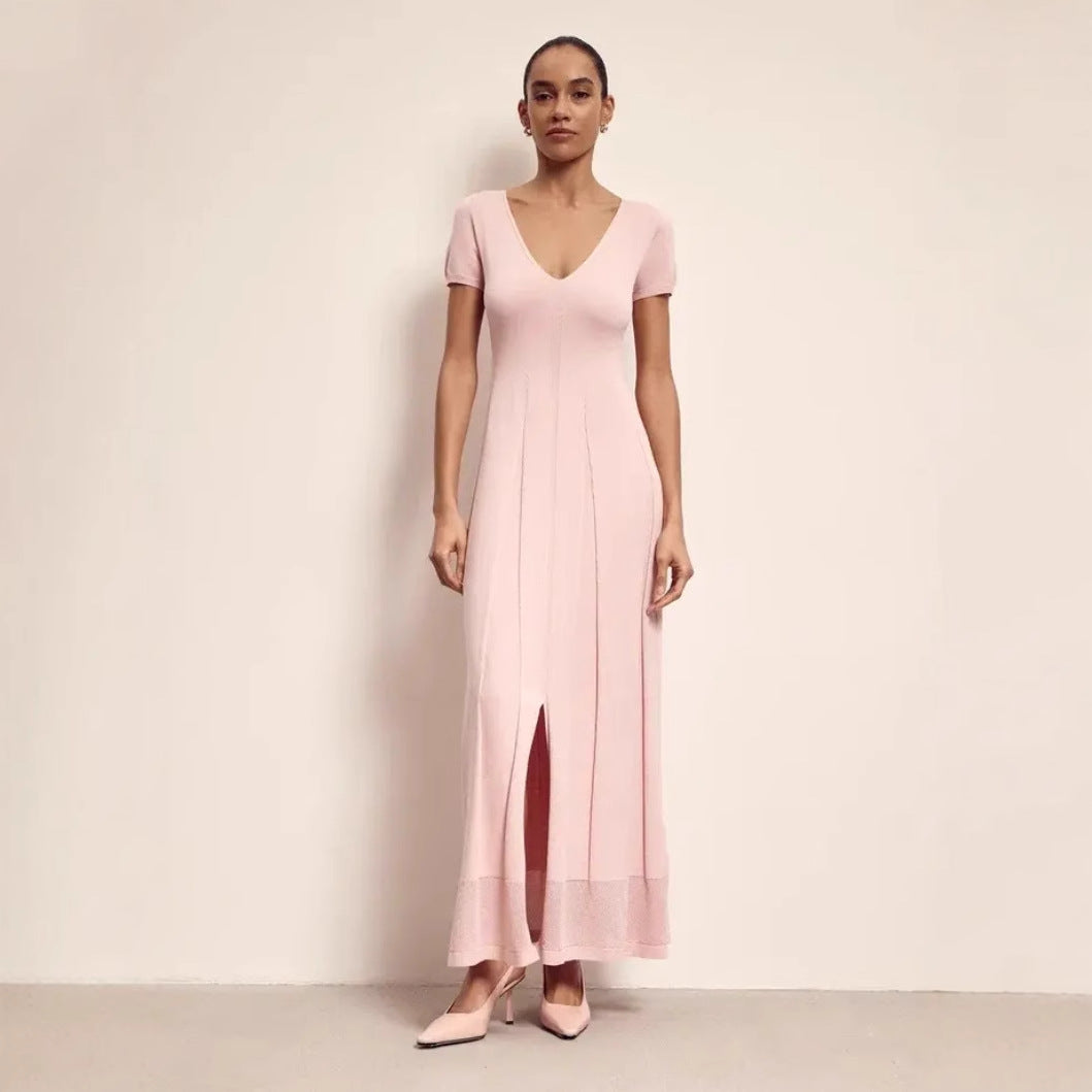 Women’s Maxi Dress – Slim Fit – V-Neck – Pleated – Short Sleeve – Front Slit