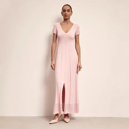 Slim Fit Pleated V-Neck Maxi Dress