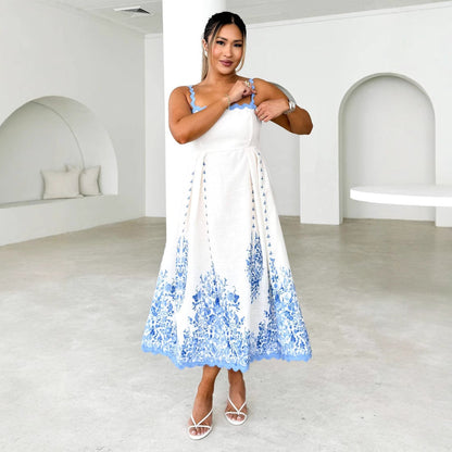Women’s Midi Dress – Cotton Flared Fit – Scalloped Neckline – Tie-Back – Sleeveless