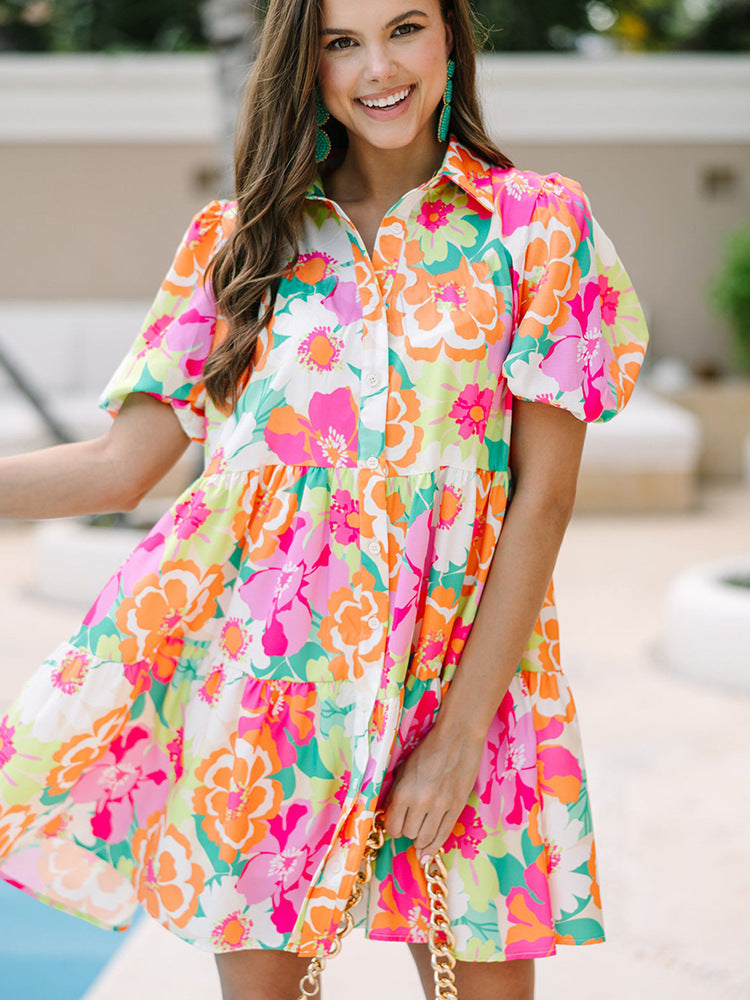 Women's Shirt Dress - Floral Print - Puff Sleeve - Button Down - A-Line Mini Fit