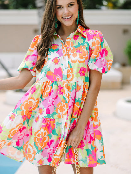 Women's Shirt Dress - Floral Print - Puff Sleeve - Button Down - A-Line Mini Fit
