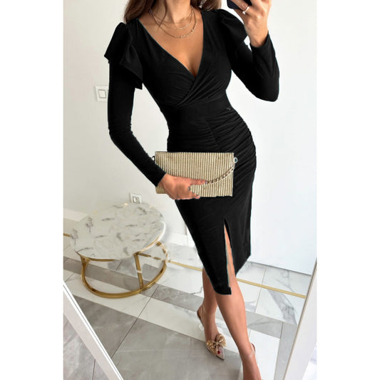 Elegant Ruched Dress with Ruffled Sleeves & Front Slit