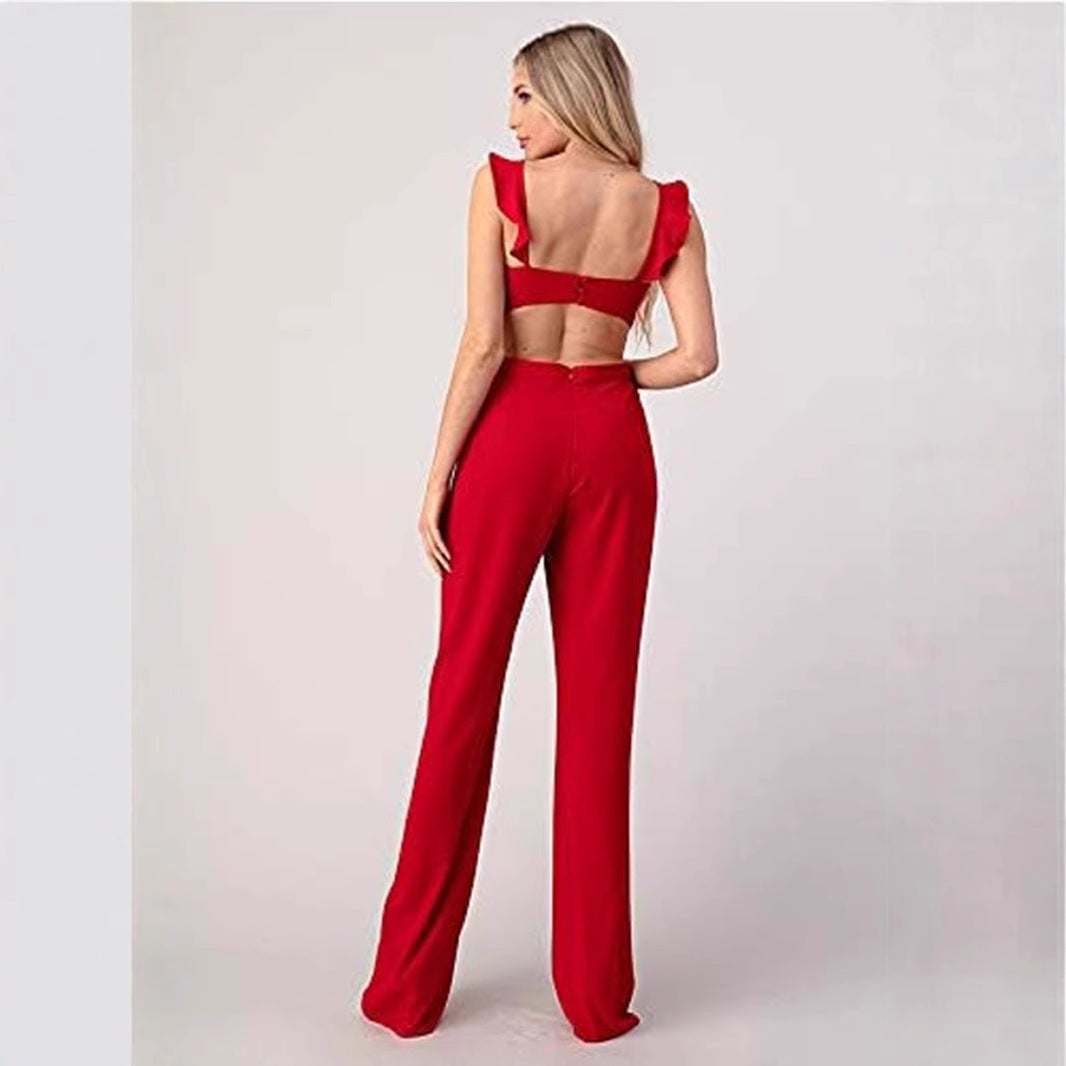 Women’s Jumpsuit – High Waist – Wide Leg – Sleeveless – Ruffle Trim – Cut-Out Waist