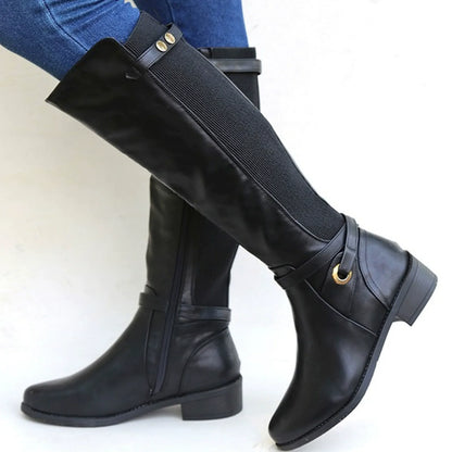 Women’s Knee-High Boots – Slim Fit – Elastic Panel – Low Block Heel – Buckle Straps