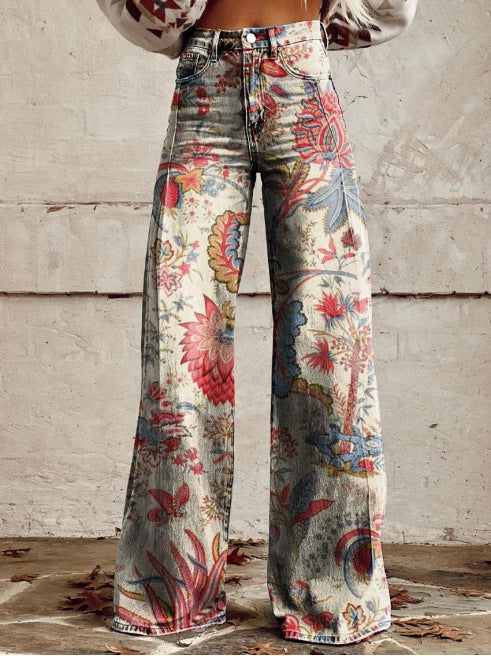 Women's woodland insect print wide-leg denim jeans