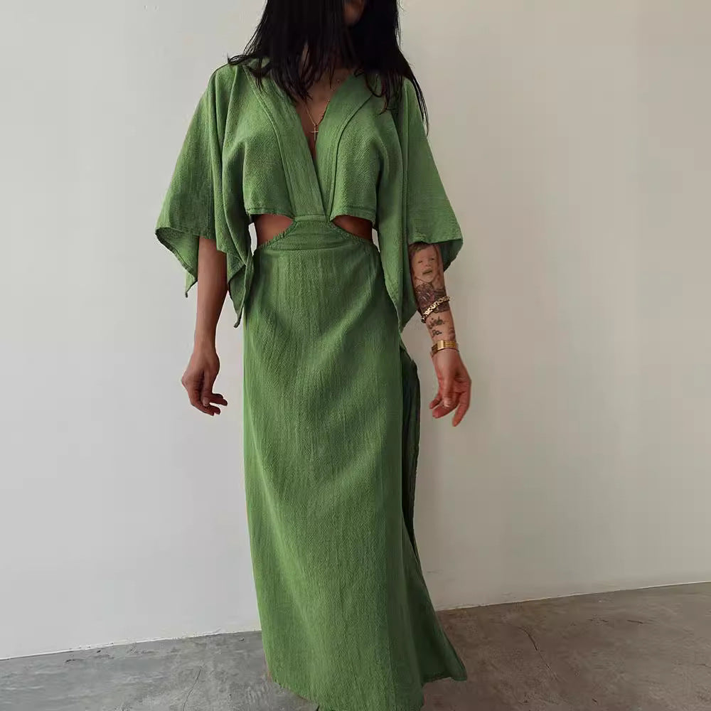Linen Blend Slim Fit Maxi Dress