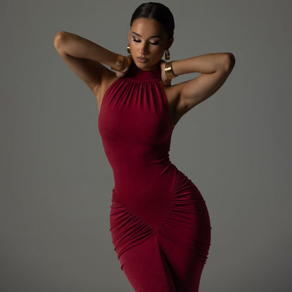 Women’s Bodycon Dress – High Neck – Sleeveless Ruched Midi – Slim Fit Evening Wear