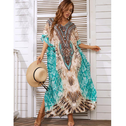Women's Kaftan Dress - Flowy Lightweight Long Length - Boho V-Neck Short Sleeve